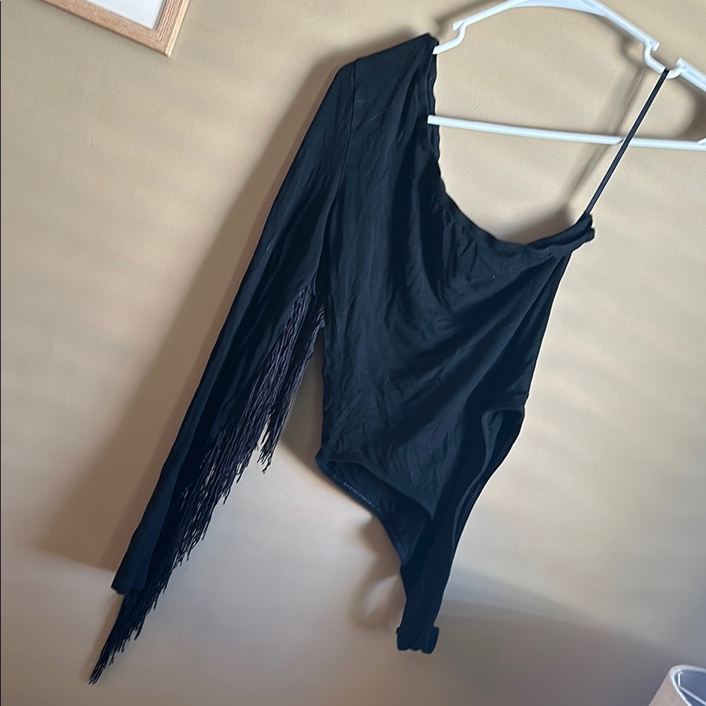 NWOT Black One-Shoulder Fringe Top